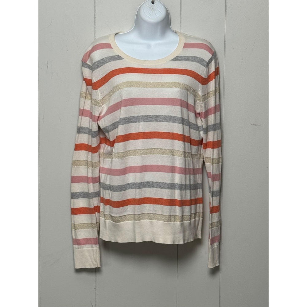 Bass Women's Multi Color Striped Metallic Knit Crewneck Sweater Orange Pink Sz L